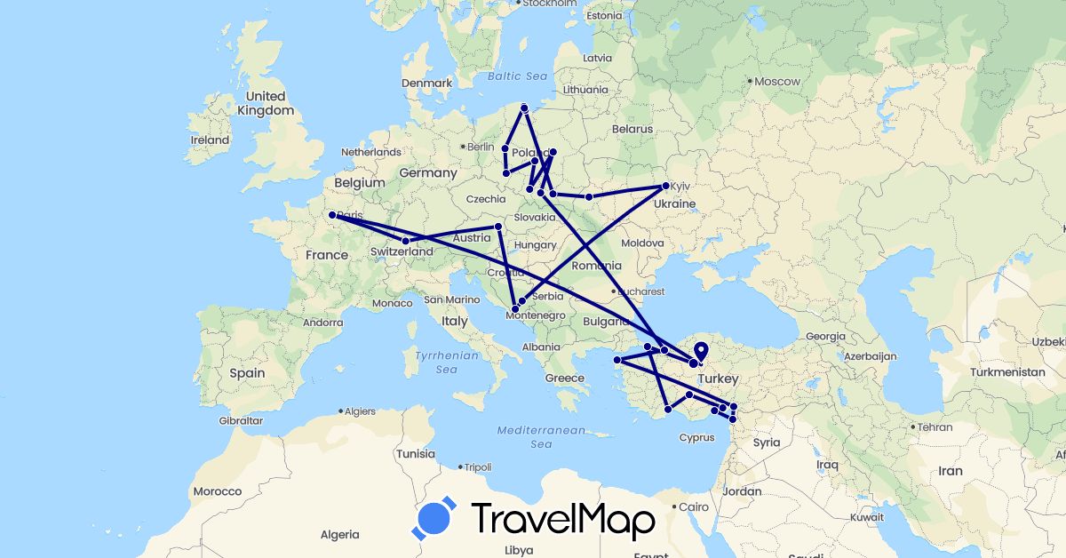 TravelMap itinerary: driving in Austria, Bosnia and Herzegovina, Switzerland, France, Poland, Turkey, Ukraine (Asia, Europe)